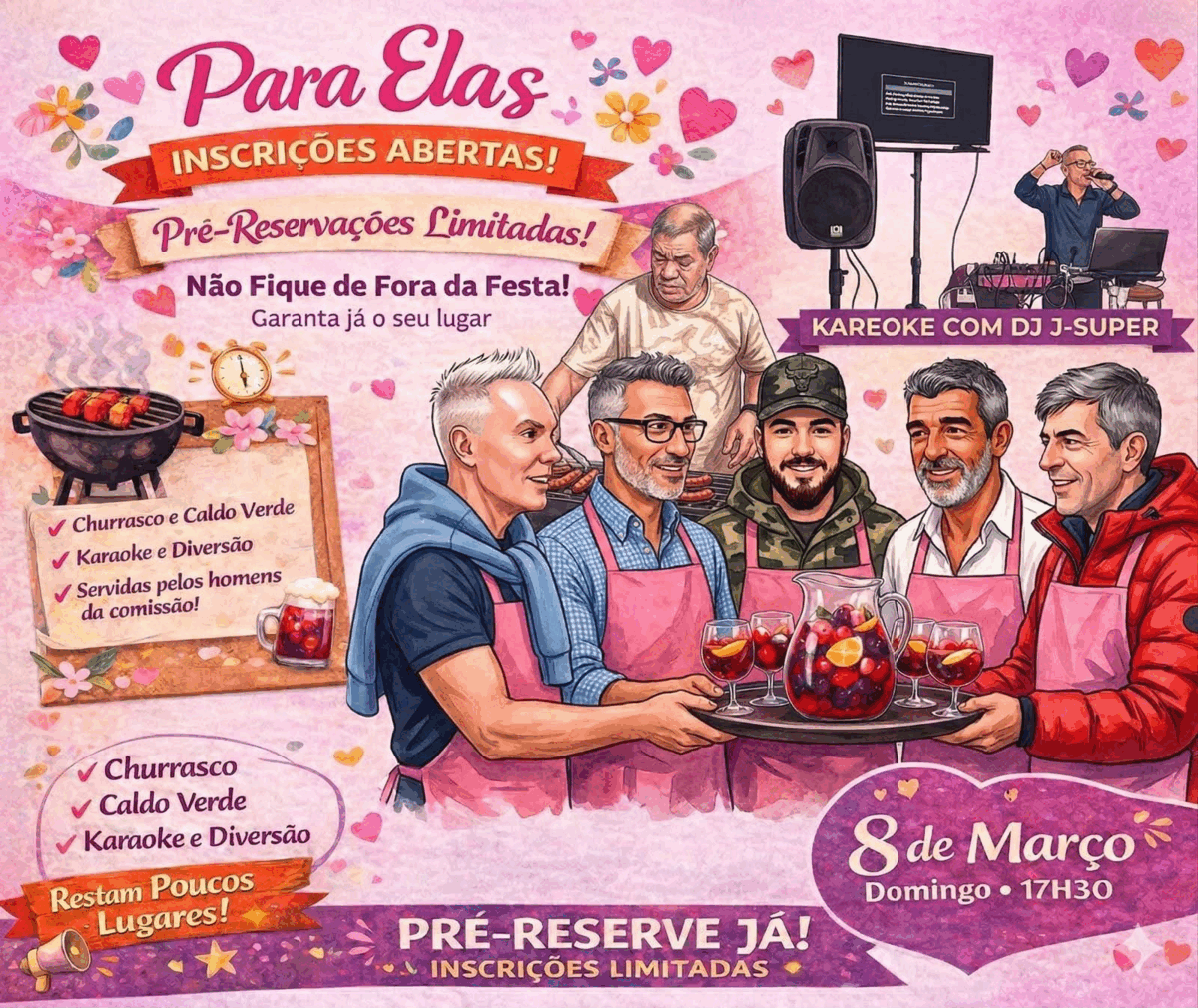 Cartaz da atividade Para Elas, com churrasco, caldo verde e karaoke