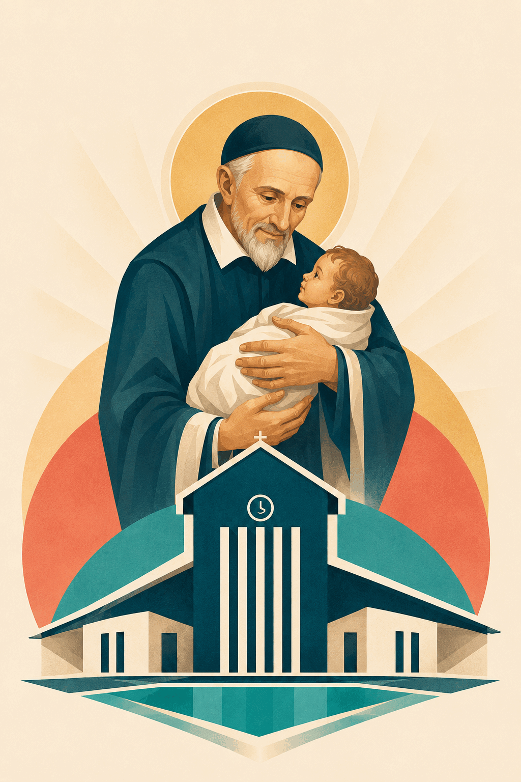 Ilustração contemporânea de São Vicente de Paulo com uma criança e a Igreja de Nossa Senhora da Conceição