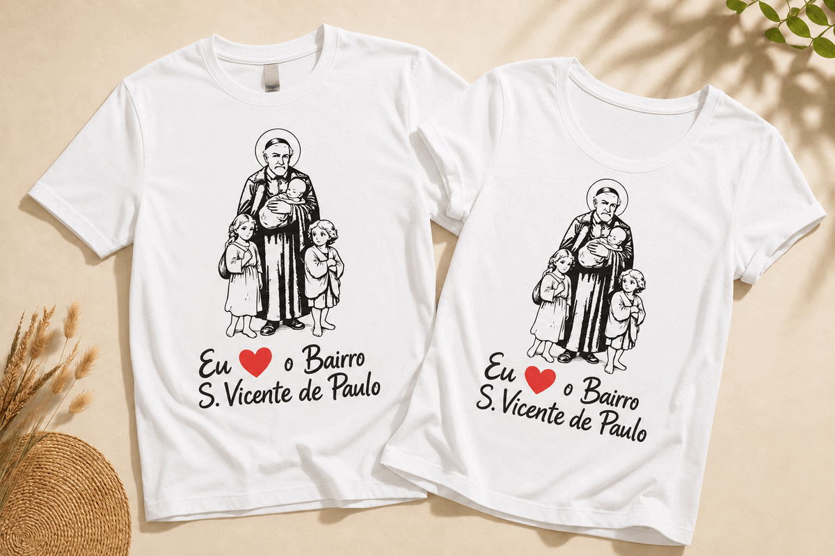Mock-up provisório das T-shirts Eu amo o Bairro S. Vicente de Paulo, em verde-água e coral